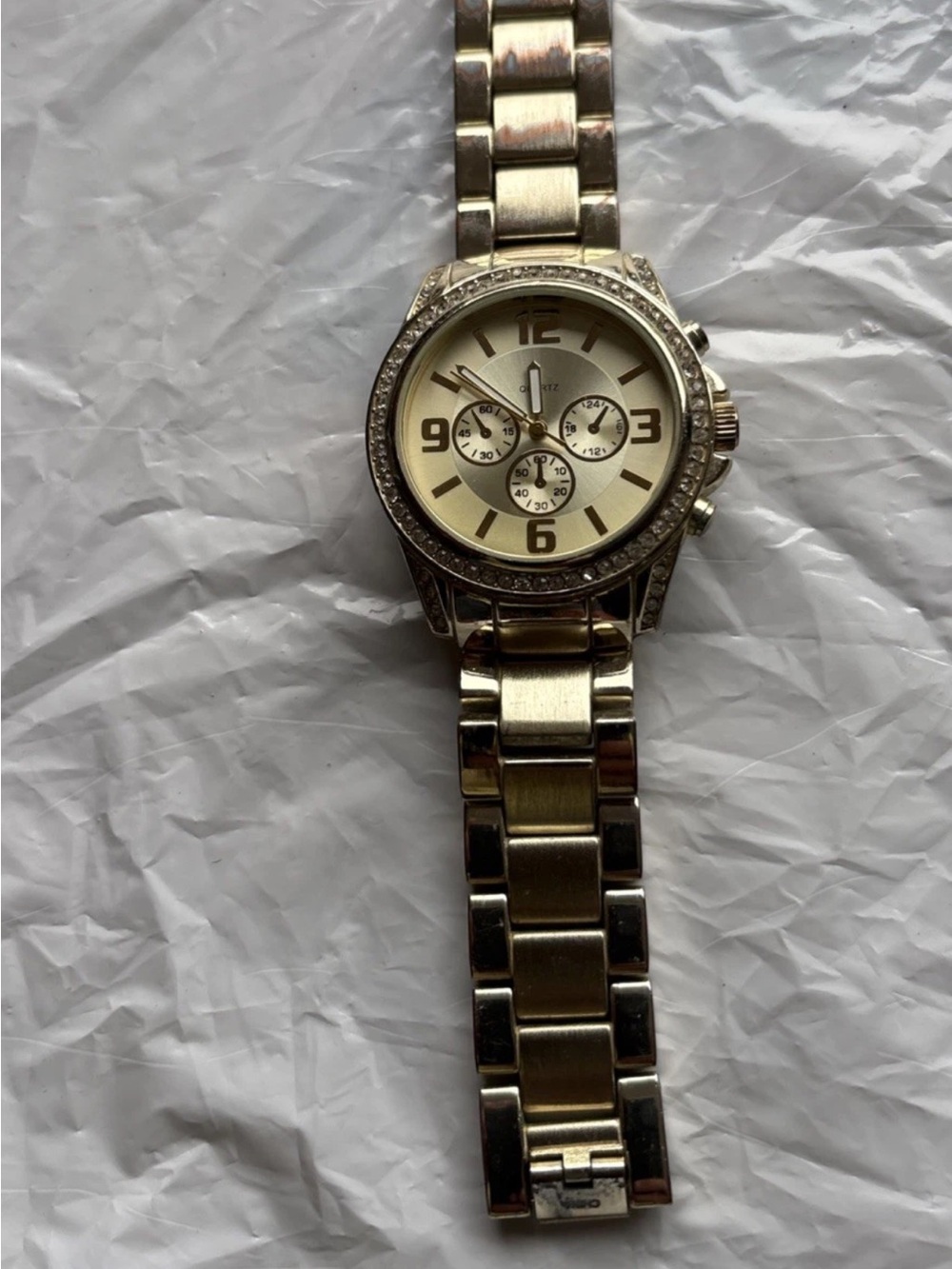 Men's Gold-Tone Chronograph Bracelet Watch with Cream Dial-Encrusted-New Battery